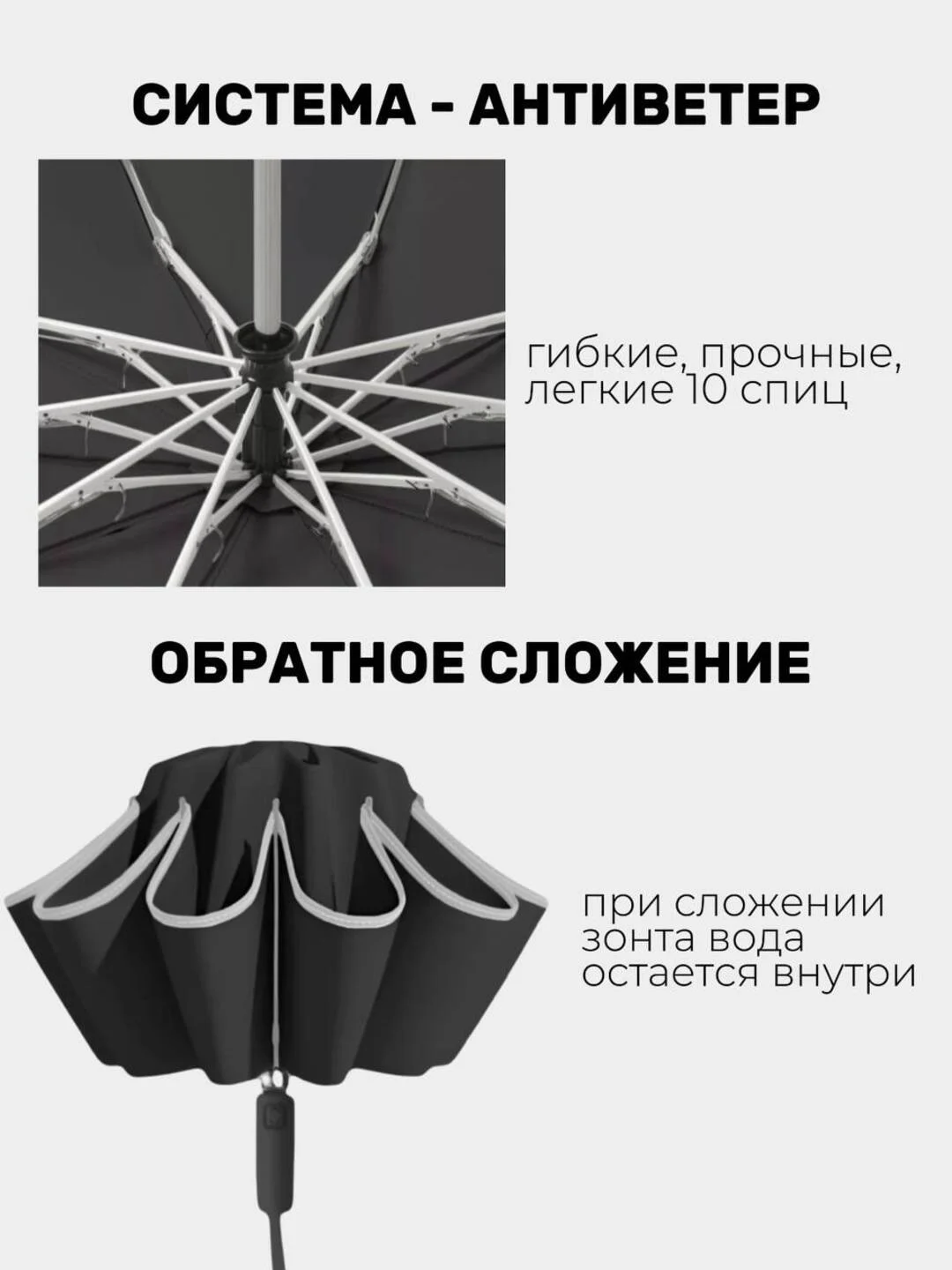 Черный зонт обратного сложения, антиветер, автомат 2 цвета
