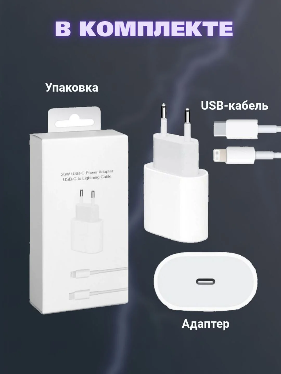 Комплект быстрой зарядки для iPhone блок+провод Lightning - Type-C