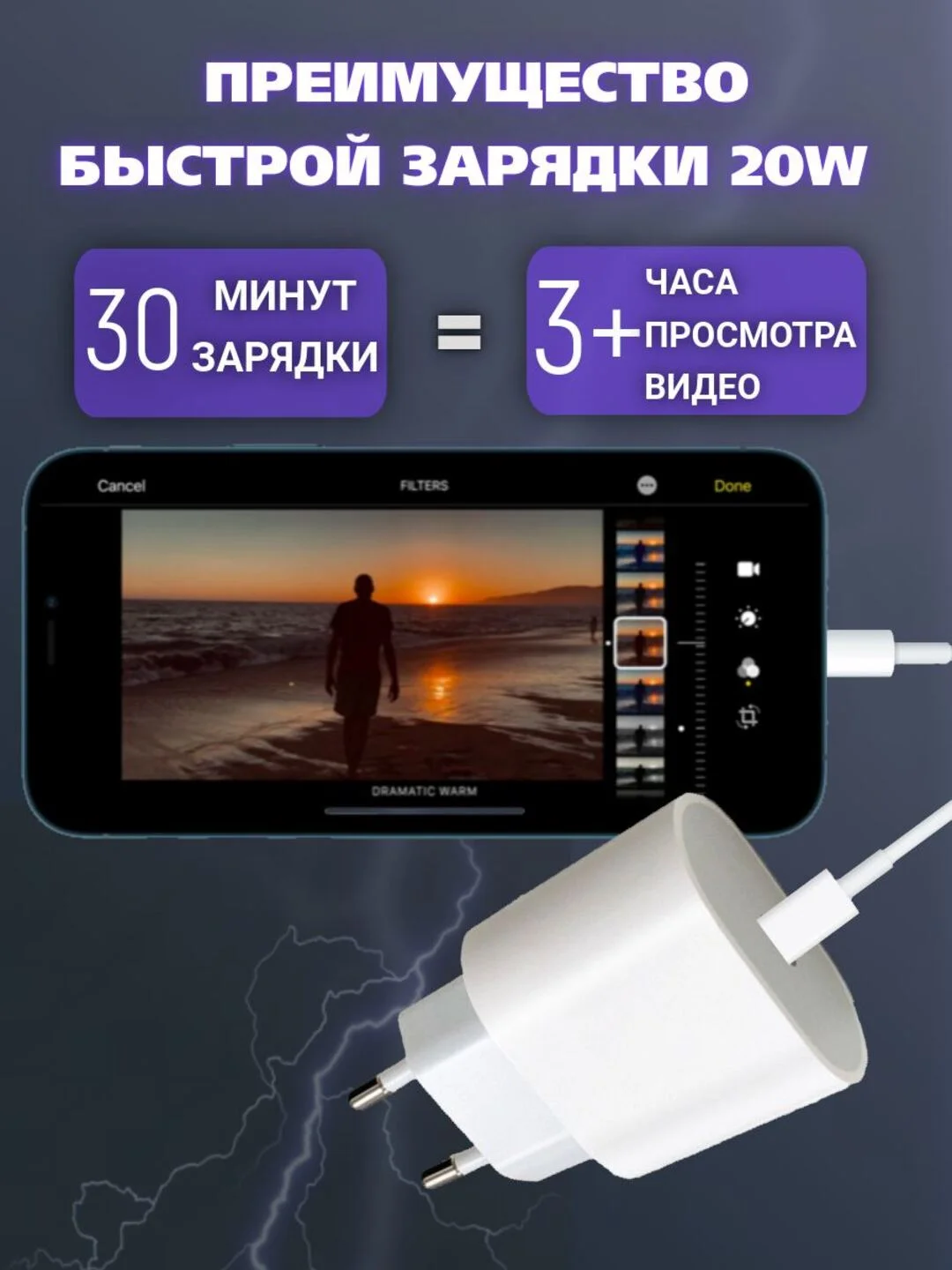 Комплект быстрой зарядки для iPhone блок+провод Lightning - Type-C