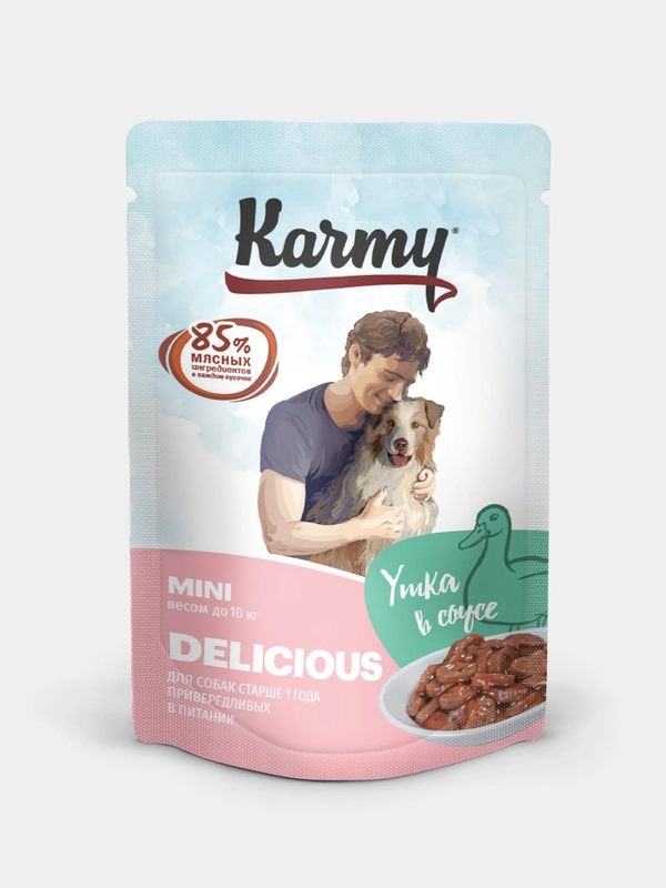 Влажный корм KARMY Delicious Утка в соусе для мелк. пород приверед. старше 1 г.Паучи 12 шт