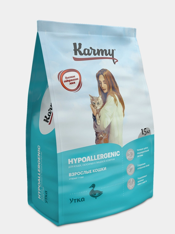 Сухой корм KARMY Hypoallergenic Утка 1,5кг. для кошек, склонных к пищевой аллергии