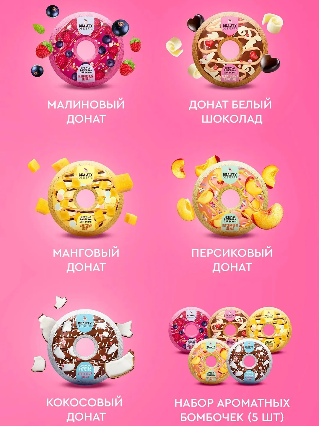 Шипучая бомбочка для ванны Beauty Desserts Малиновый донат, 140 г