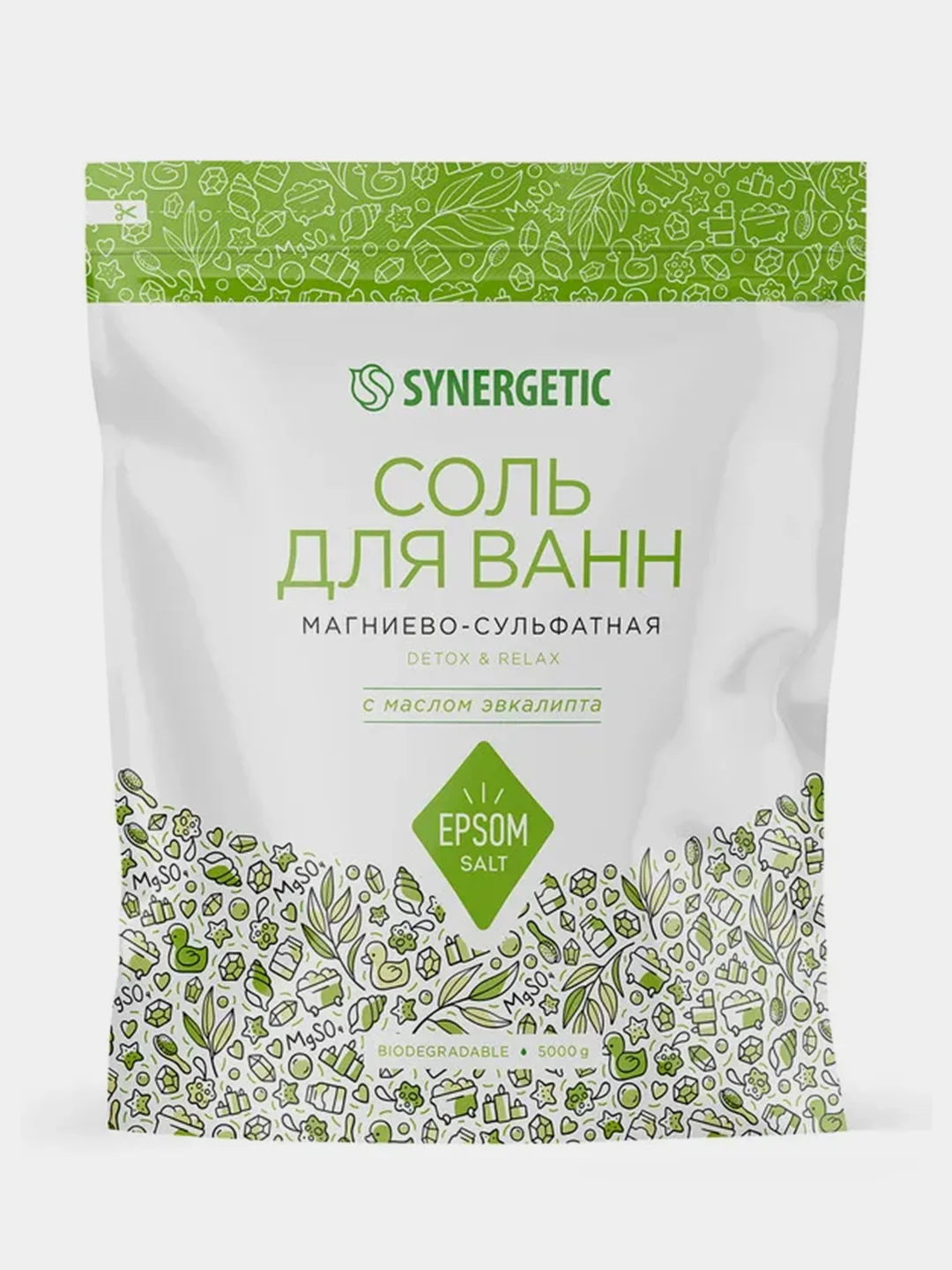 Соль для ванн магниево-сульфатная с маслом эвкалипта SYNERGETIC, 5 кг