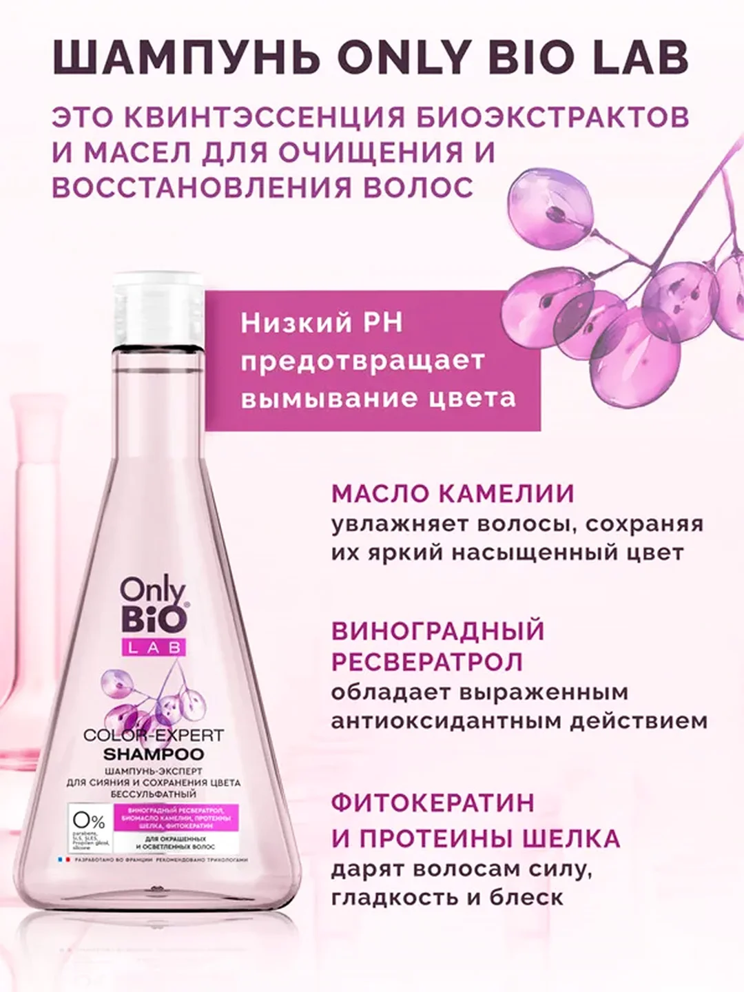 Шампунь-эксперт бессульфатный Only Bio Lab, для сияния и сохранения цвета, 350 мл