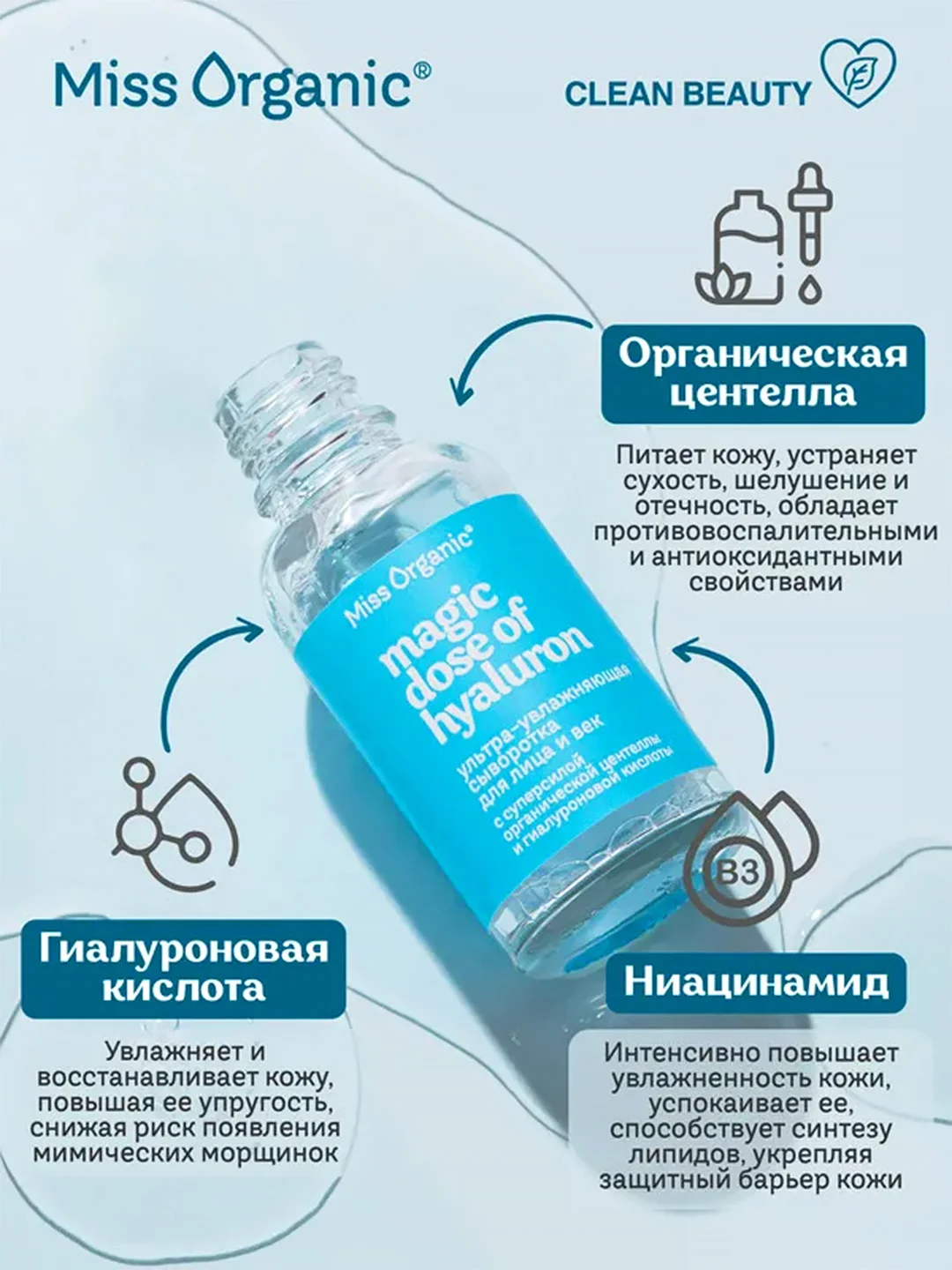 Ультра-увлажняющая сыворотка для лица и век Miss Organic MAGIC DOSE OF HYALURON, 30 мл