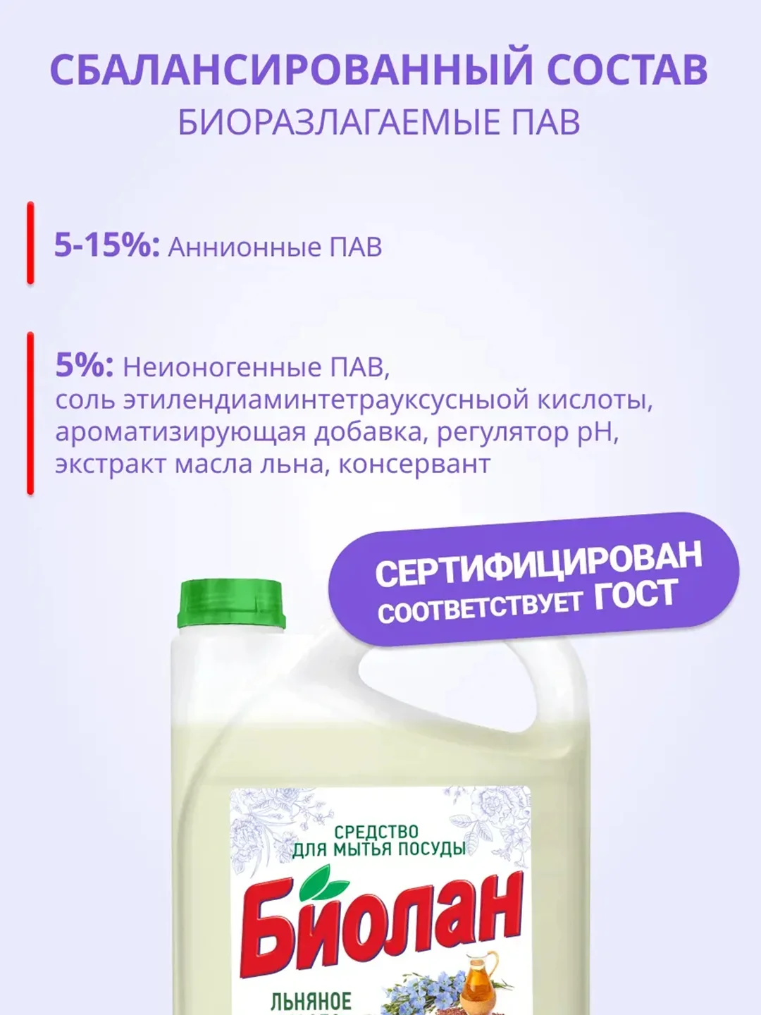Средство для мытья посуды Биолан Актив Био Льняное масло, 4800г