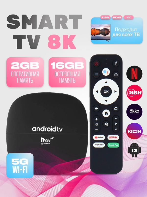 Смарт ТВ приставка 8K, медиаплеер для телевизора 2/16Gb, Android TV 13.0