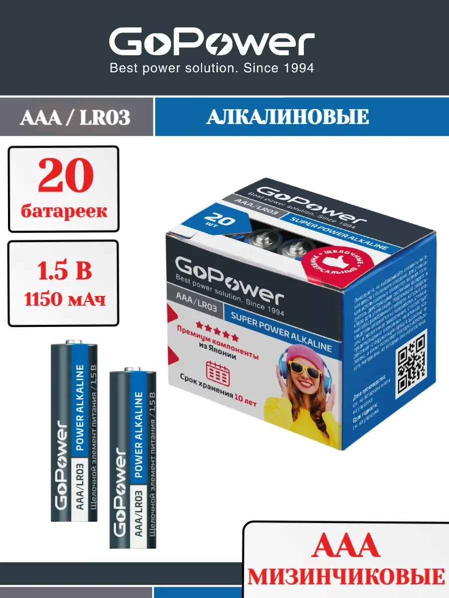 Батарейка GoPower LR03 AAA BOX20 Shrink 4 Alkaline 1.5V