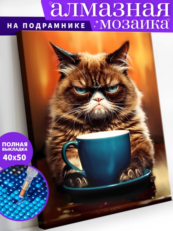 "Не выспался Кот" алмазная мозаика на подрамнике 40 х 50 "Art on Сanvas"