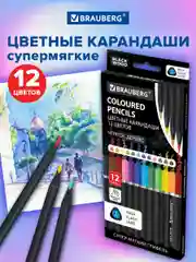 Карандаши цветные для рисования мягкие Brauberg Black Wood, 12 цветов, трехгранные 181948