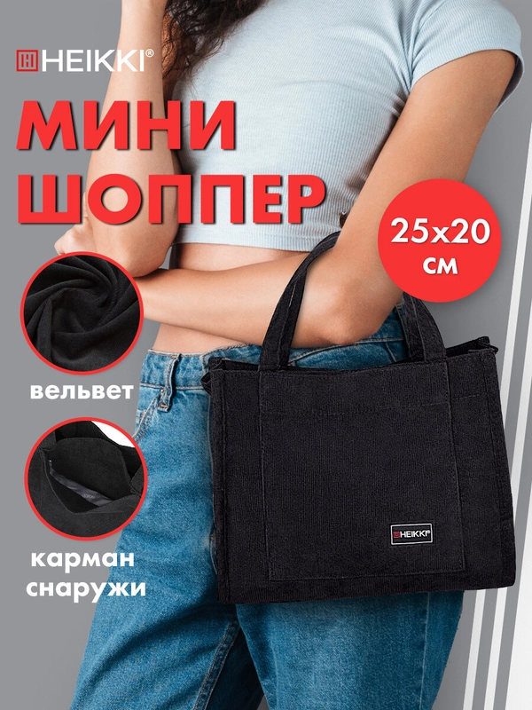Сумка шоппер Heikki, женская, мини шопер на плечо на кнопке с карманами, вельвет, черный