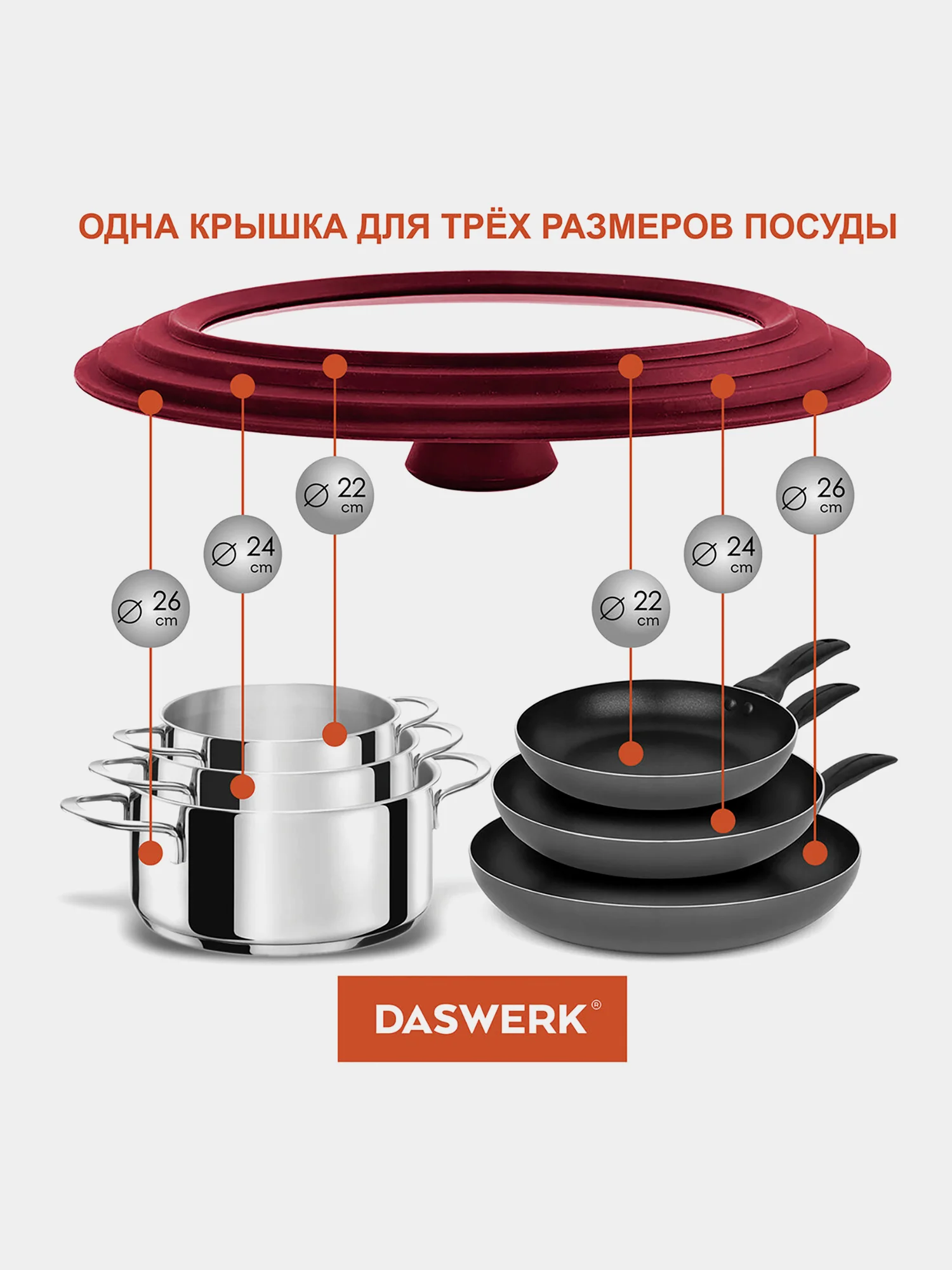 Крышка для любой сковороды и кастрюли универсальная 3 размера (22-24-26см) бордовая