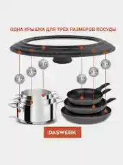 Крышка для любой сковороды и кастрюли универсальная 3 размера (22-24-26см) серая, DASWERK