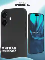 Черный чехол для Apple iPhone 16 силиконовый Rosco матовый с мягкой подкладкой, микрофиброй