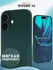 Тёмно-зелёный чехол для Apple iPhone 16 силиконовый Rosco матовый с мягкой подкладкой, микрофиброй