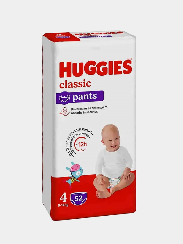Подгузники трусики Huggies Classic, 9-14 кг, 4 размер, 52 штуки
