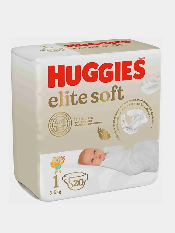 Подгузники Huggies Elite Soft, для новорожденных, 3-5 кг, 1 размер, 20 штук