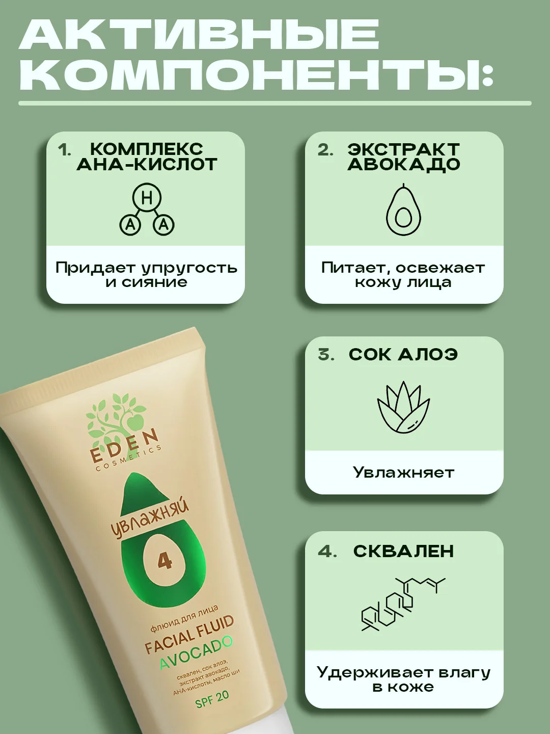 Eden Avocado флюид для лица увлажняющий SPF20 c экстрактом авокадо АНА-кислотами, 50 мл