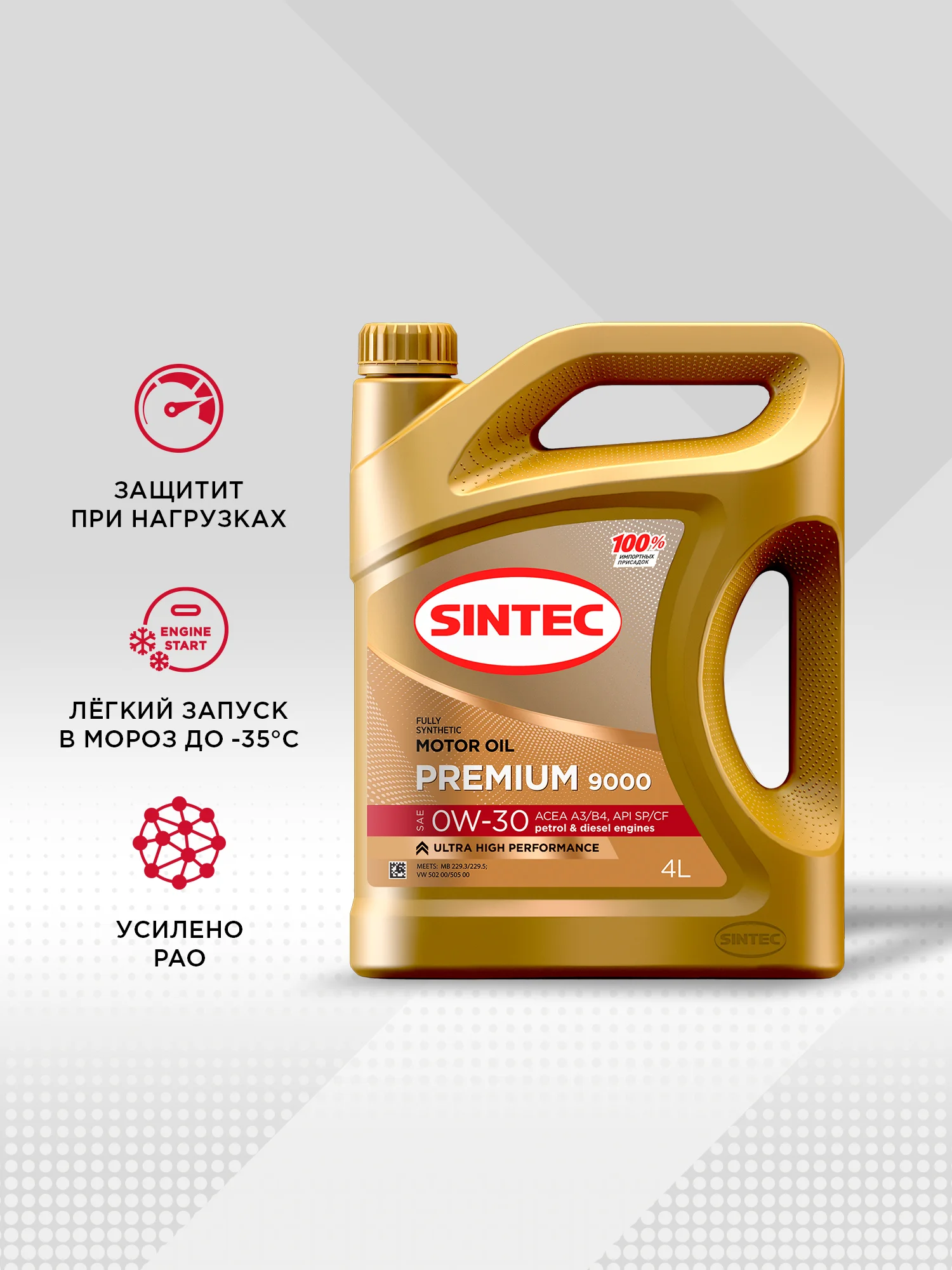 Моторное масло SINTEC PREMIUM 9000 SAE 0W-30, API SP/CF, ACEA A3/B4 Синтетическое 4 л