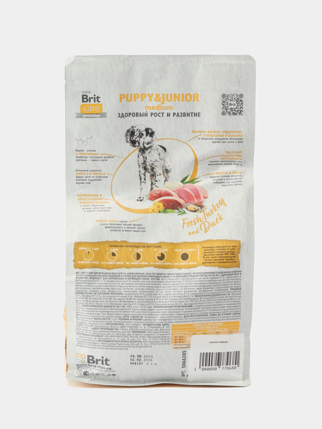 BRIT CARE, Сухой корм с инд и уткой д/щенк. "Dog Puppy&Junior M Healthy Growth", 1.5 кг