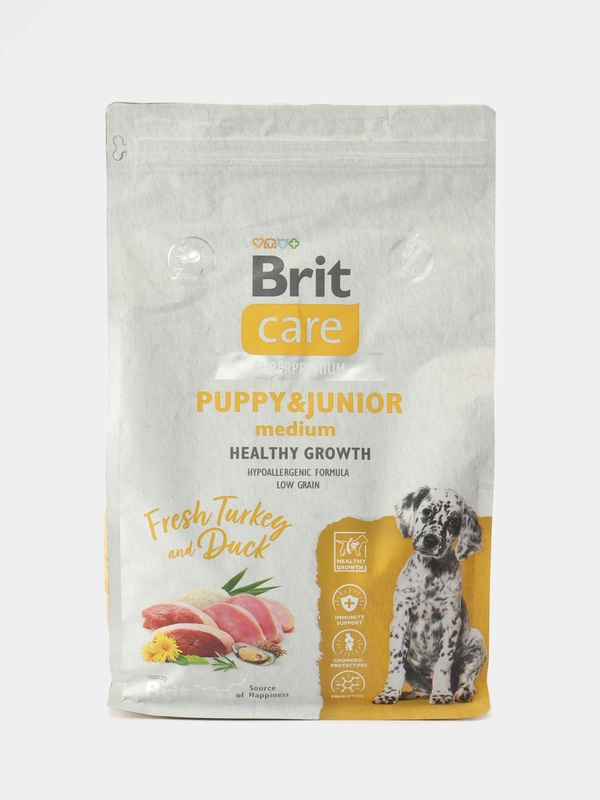 BRIT CARE, Сухой корм с инд, уткой д/щенк.ср.пор."Dog Puppy&Junior M Healthy Growth", 3 кг