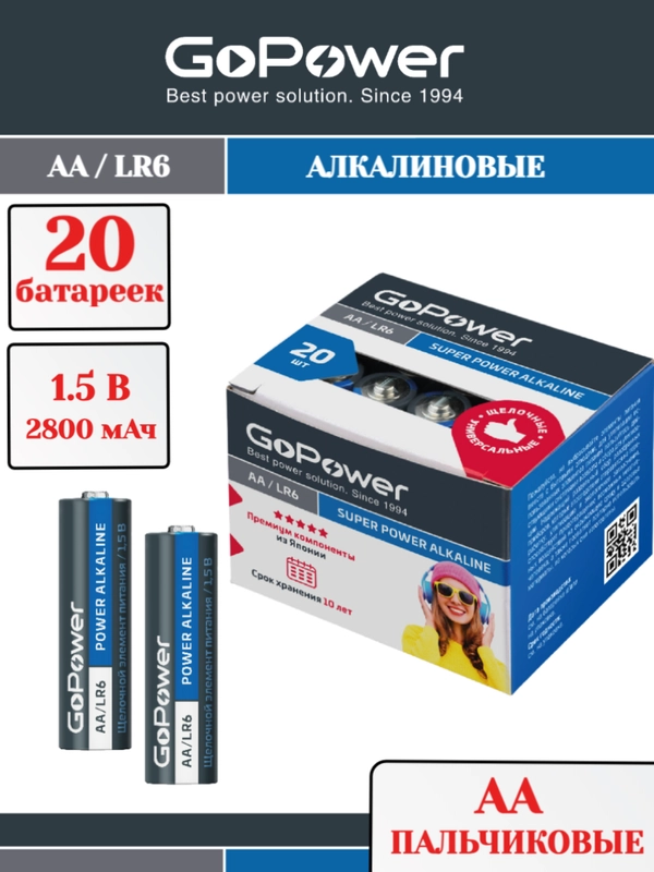 Батарейка GoPower LR6 AA BOX20 Shrink 4 Alkaline 1.5V