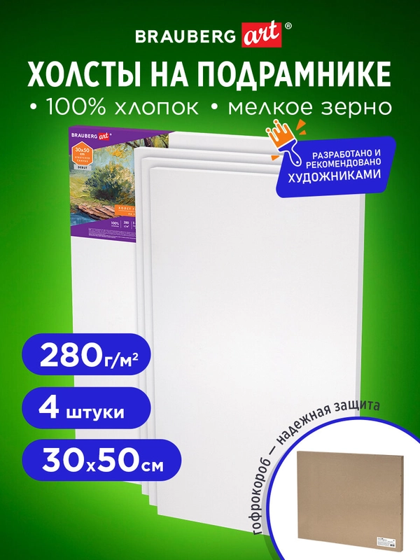 Холст, полотно для рисования на подрамнике в коробе, 4 штуки (30х50 см), Brauberg 880356