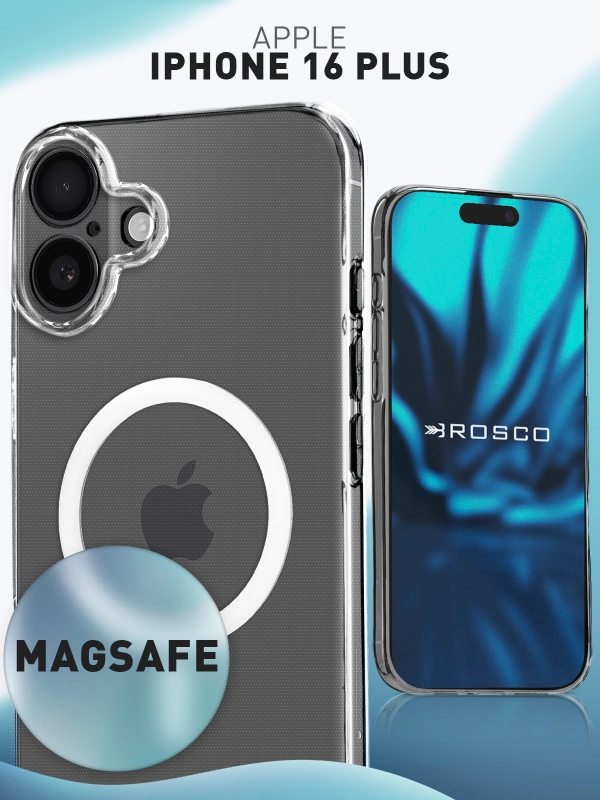Чехол MagSafe для iPhone 16 Plus пластиковый с силиконом ROSCO, с защитой камер, магнитом