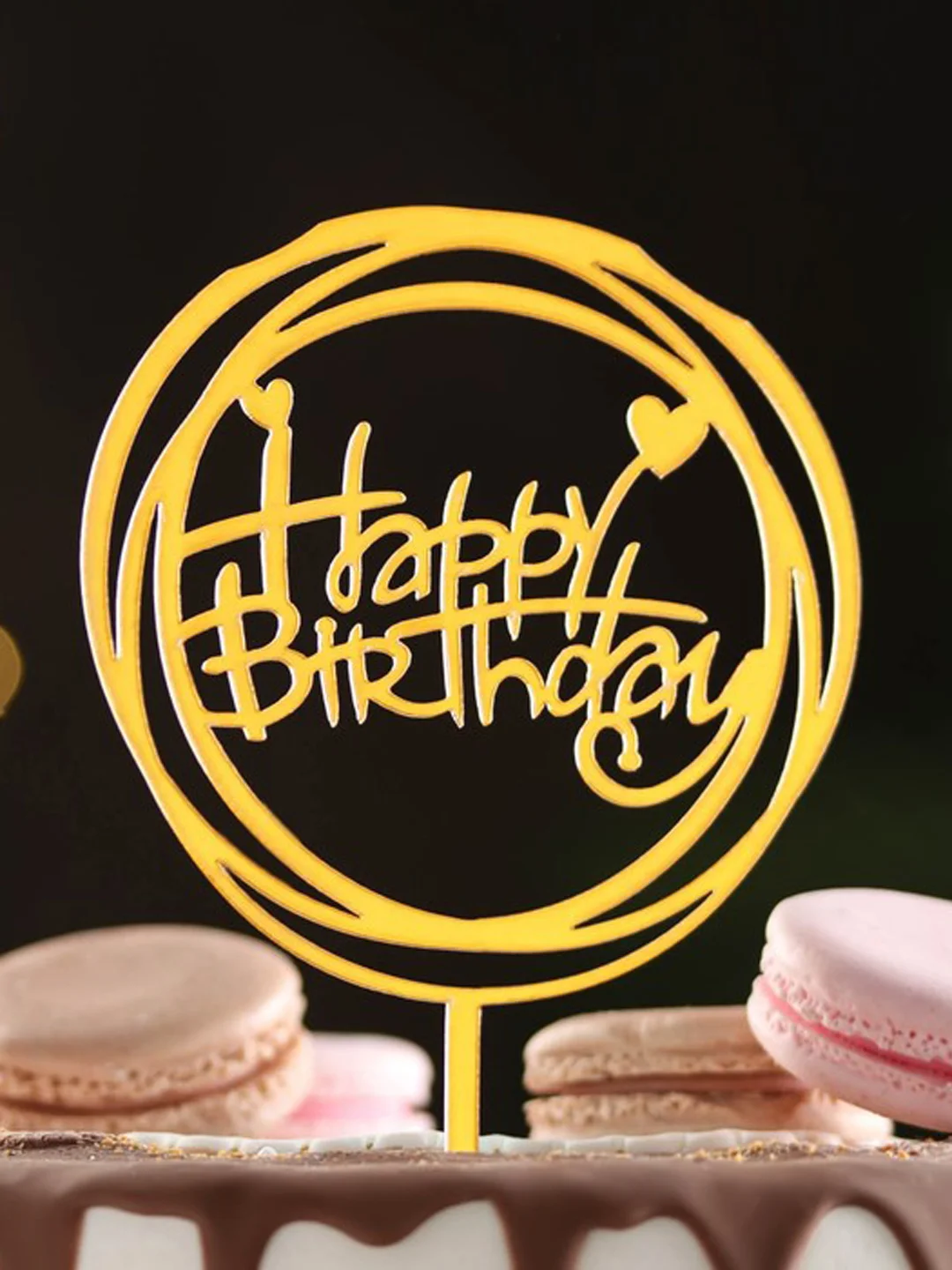 Топпер "Happy Birthday", круг с сердечками, золотой, акрил
