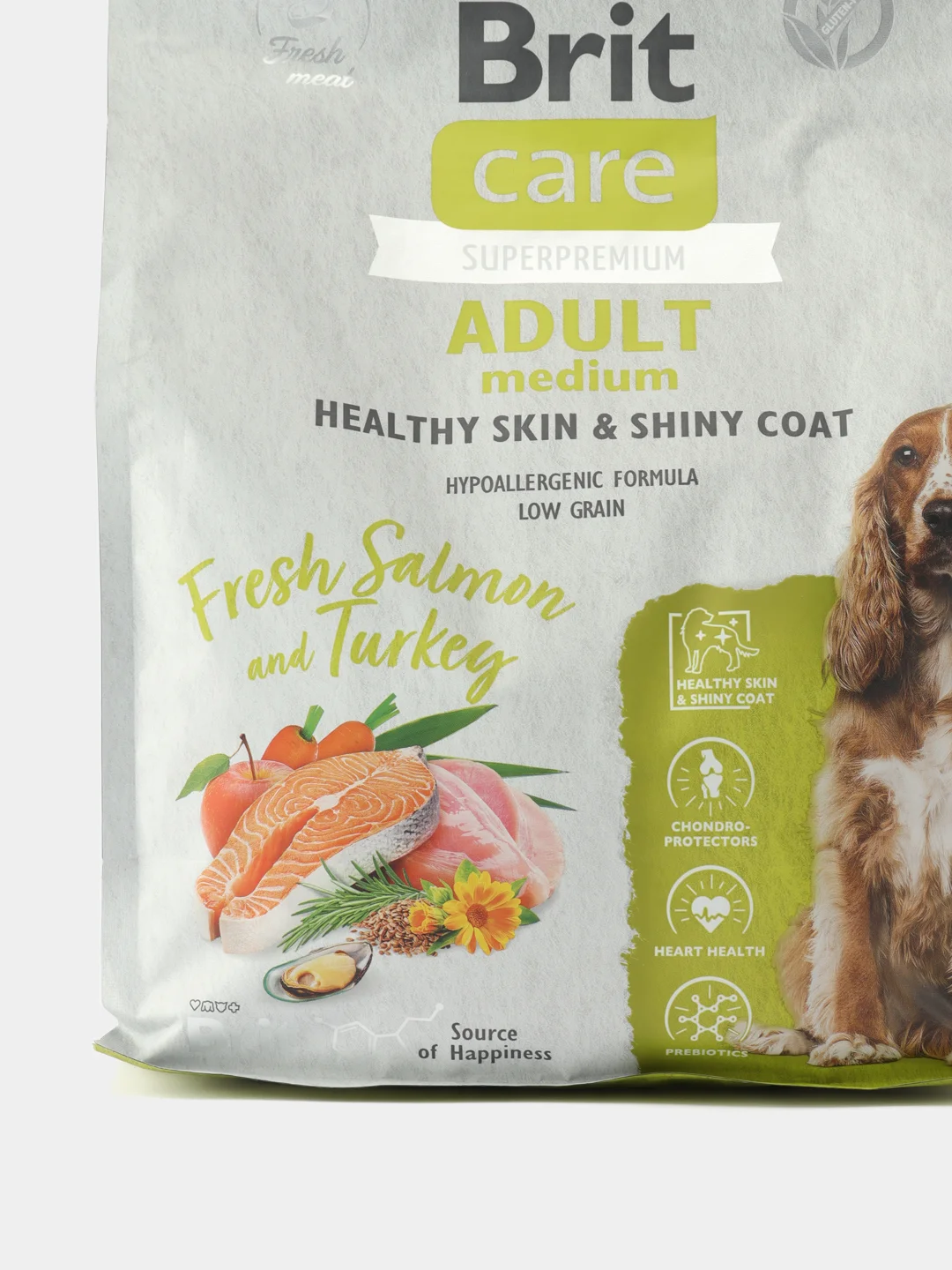 BRIT CARE, Сухой корм с лосос и инд. д/соб.ср.п."Dog Adult M Healthy Skin&Shiny Coat", 3 кг