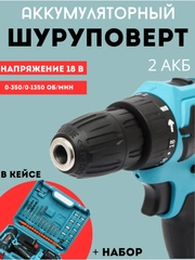 Шуруповерт, дрель аккумуляторный с набором инструментов в кейсе, 18 В, 2 АКБ