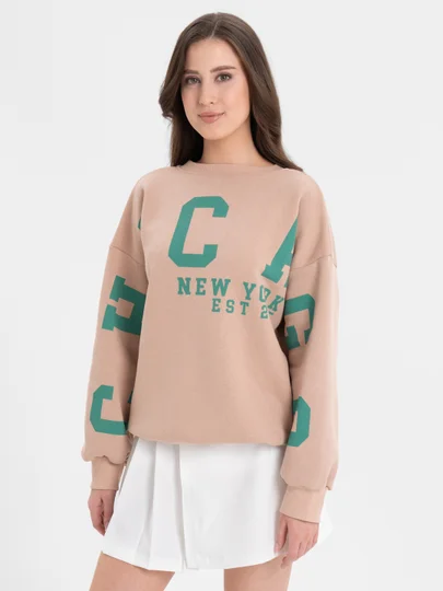Тёмно-серый женский свитшот с начесом, oversize, с модным принтом на спине CHICАGO