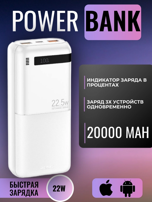 Внешний аккумулятор 20000mah, 22,5W, Повербанк, Powerbank Remax, портативная зарядка