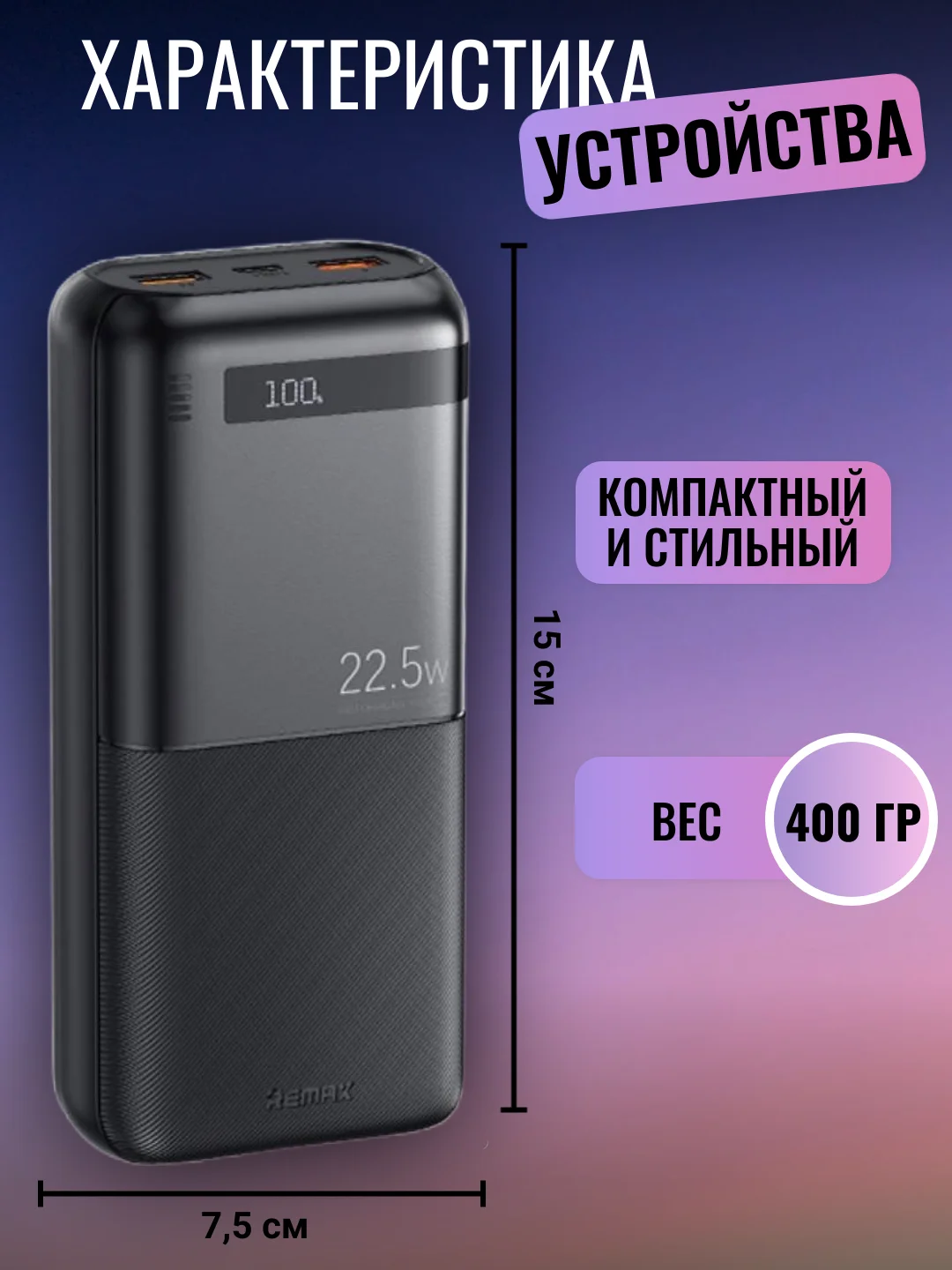 Внешний аккумулятор 20000mah, 22,5W, Повербанк, Powerbank Remax, портативная зарядка