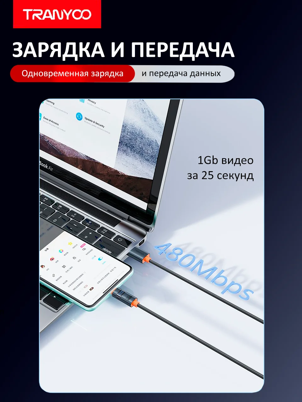 Черный зарядный кабель для Apple и Android, с функцией Fast Charge 20W / 36W / 65W / 100W