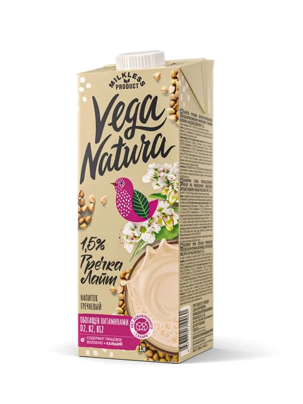 Напиток гречневый ультрапастеризованный VEGA NATURA "Гречка лайт", 1,5%, 1 л