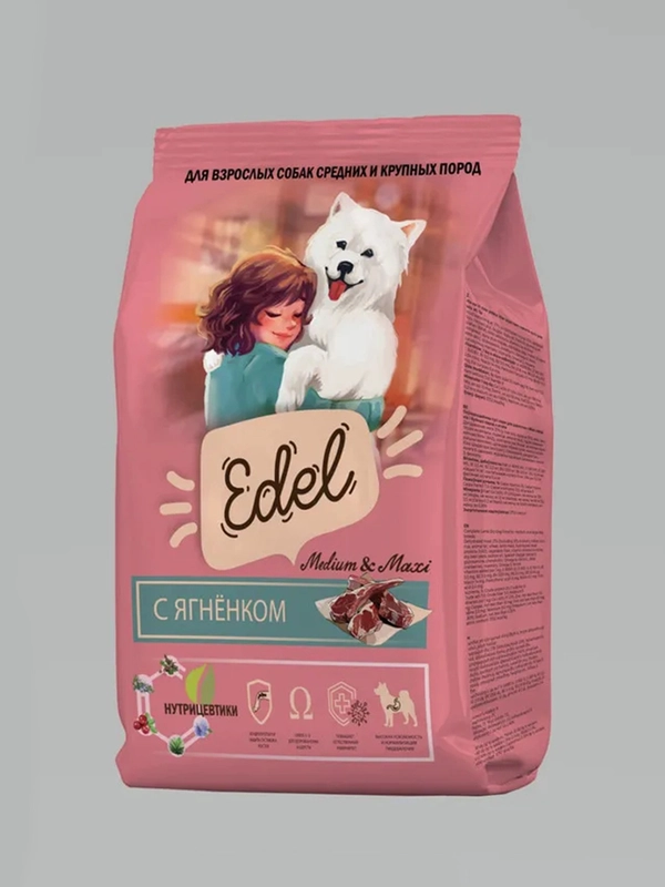 Сухой корм для взр собак EDEL, для средних и крупных пород, c ягненком, 12 кг