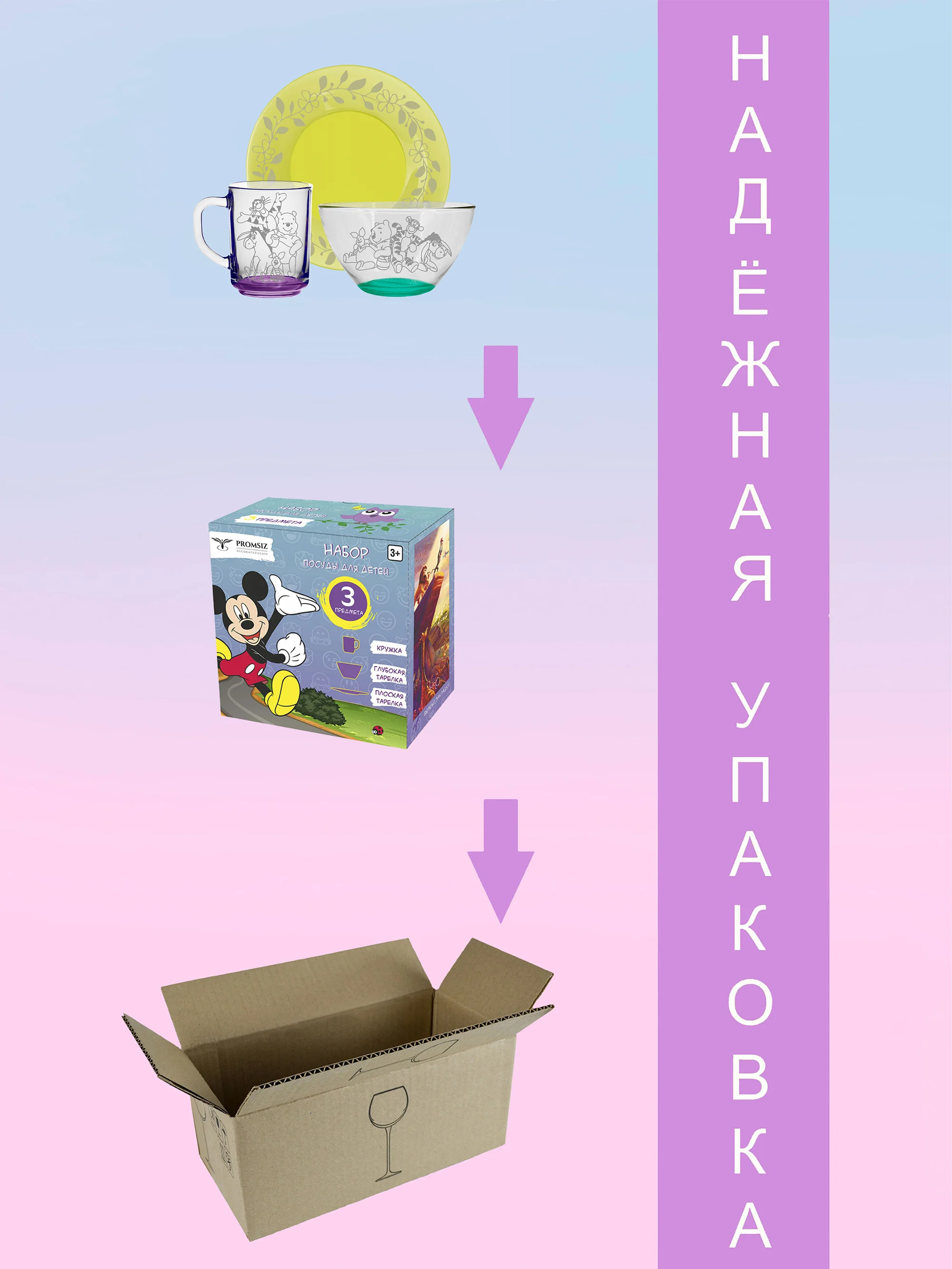 Набор детской посуды, 3 предмета в подарочной упаковке PROMSIZ, разноцветный