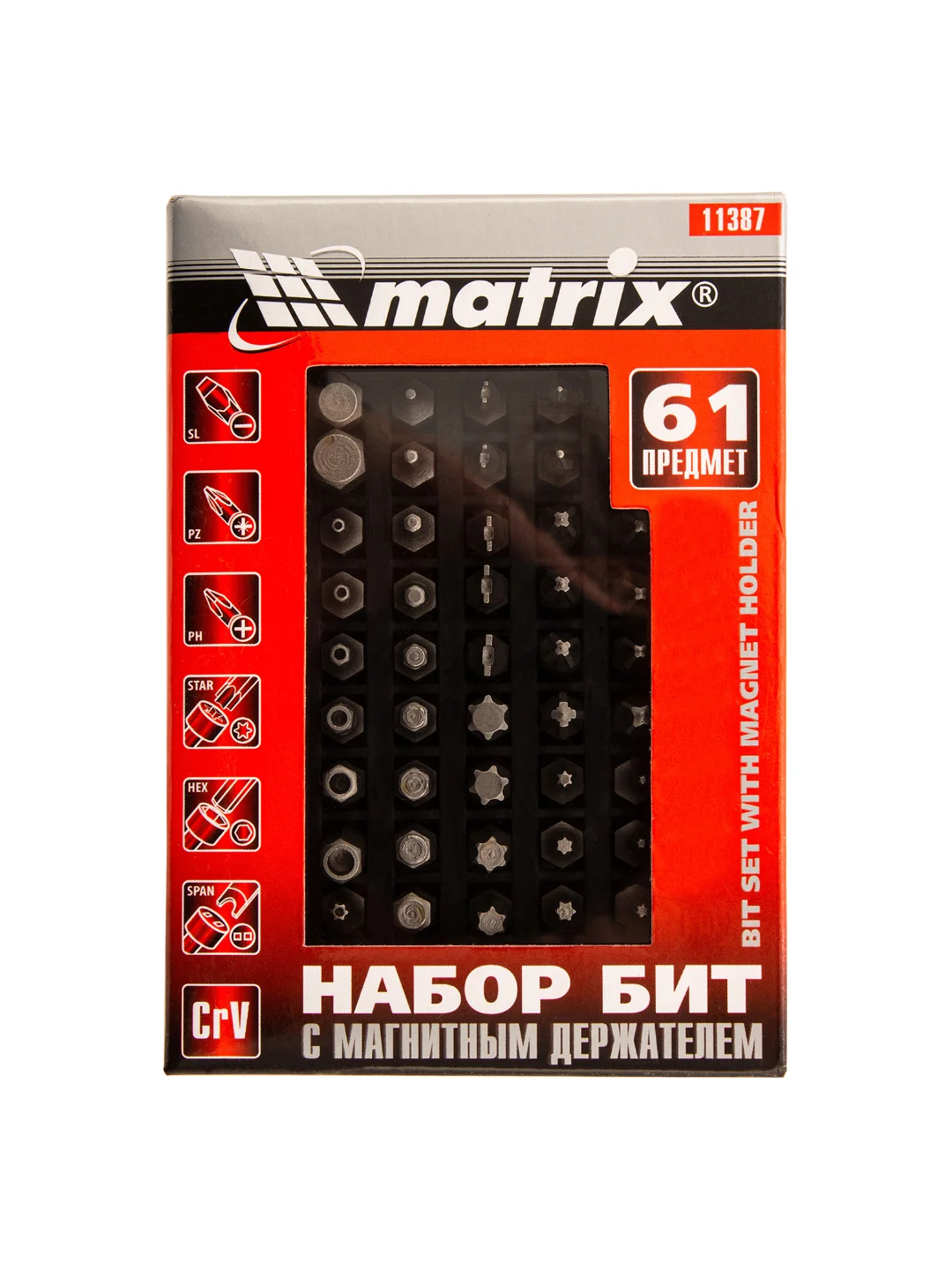 Набор бит с магнитным держателем, CrV, 61 шт., MATRIX, 11387