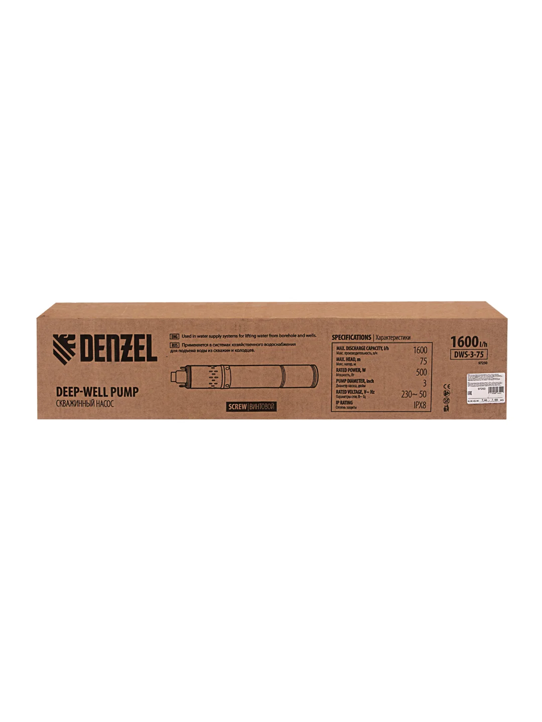 Скважинный насос DWS-3-75, винт, диаметр 3", 500 Вт, 1600 л/ч, напор 75 м, DENZEL, 97250