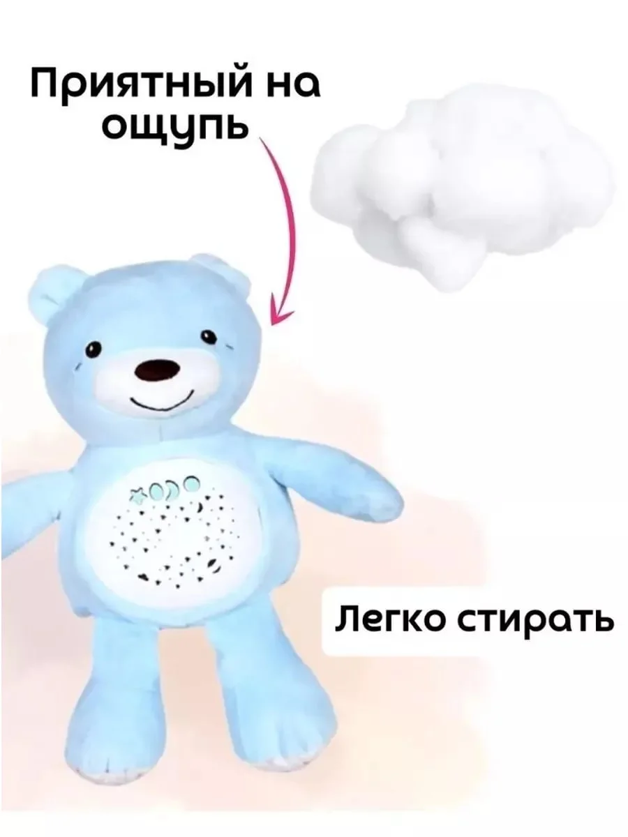Голубой музыкальный ночник с белым шумом проектор, мягкая игрушка мишка и зайка