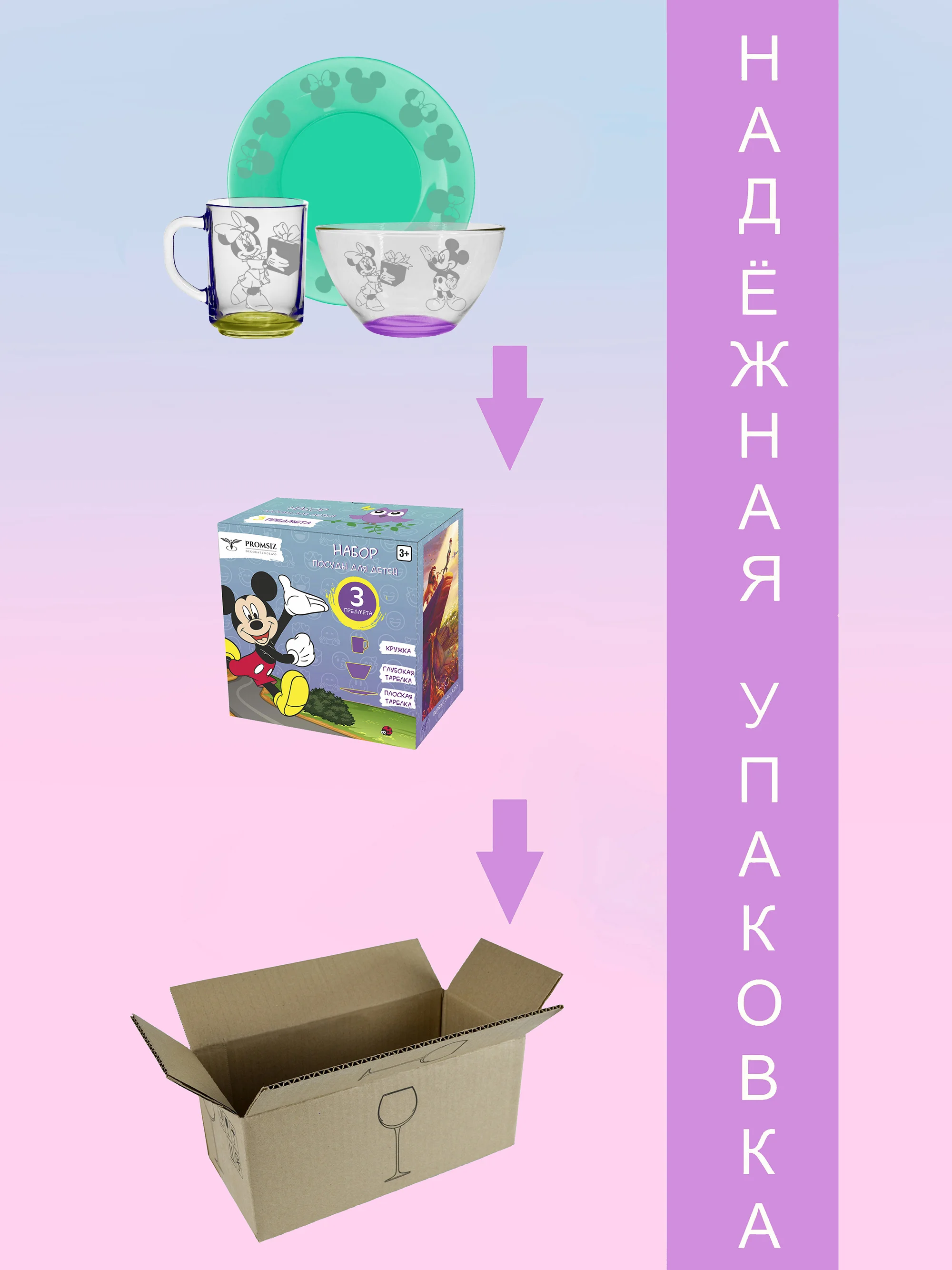 Набор детской посуды, 3 предмета в подарочной упаковке PROMSIZ, разноцветный