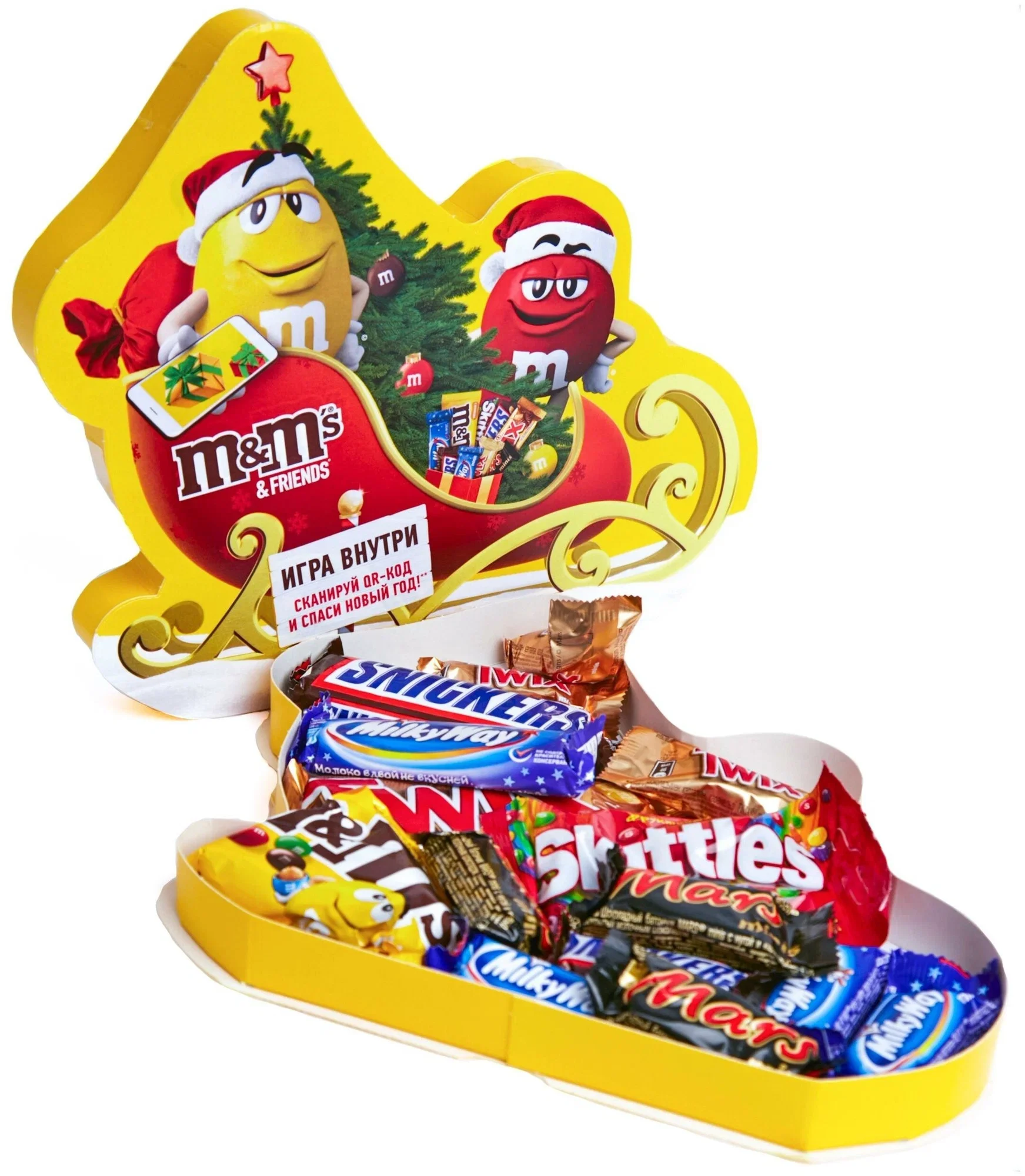 Сладкий подарок M&M's & Friends Санки Деда Мороза на Новый Год, набор конфет M&M's, Snickers, Twix, Milky Way, Mars с онлайн-игрой внутри 280г