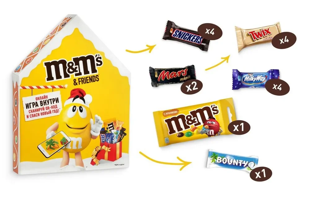 Сладкий подарок M&M's & Friends Пряничный домик на Новый Год, набор конфет M&M's, Snickers, Twix, Bounty, Milky Way, Mars с онлайн-игрой внутри 215г
