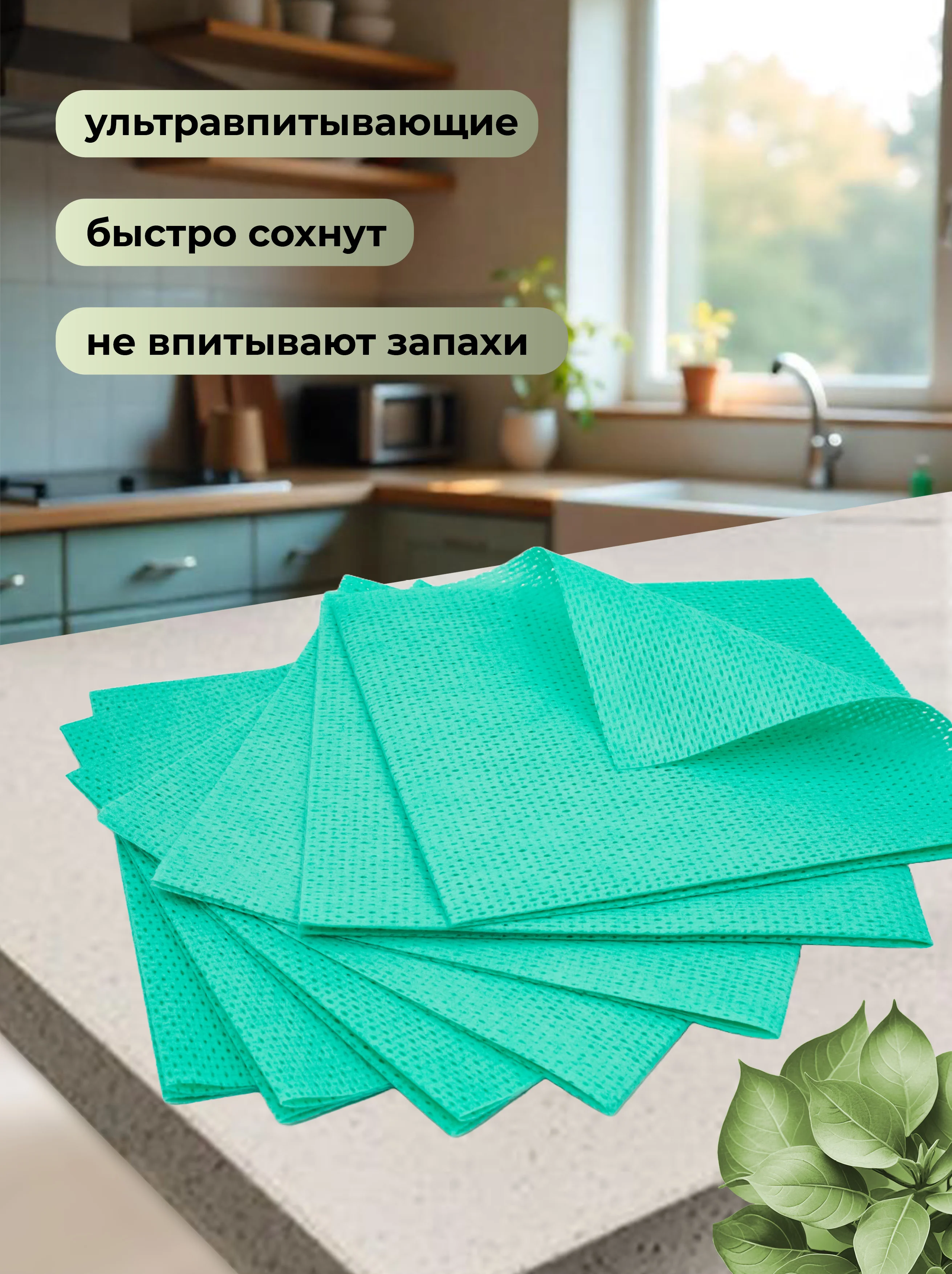Салфетка вискозная с ячеистой структурой Optiline, 35x40 см, зеленая, 25 шт/уп