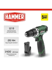 Шуруповерт аккумуляторный HAMMER ACD12/2CS, 2 акк. Li-ion, 12В, 26 Нм