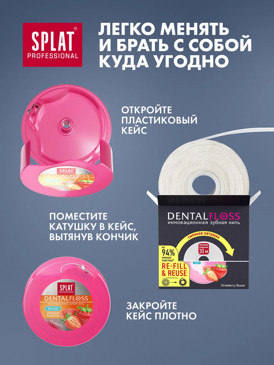 Объемная зубная нить SPLAT, клубника, сменная катушка, 30 м