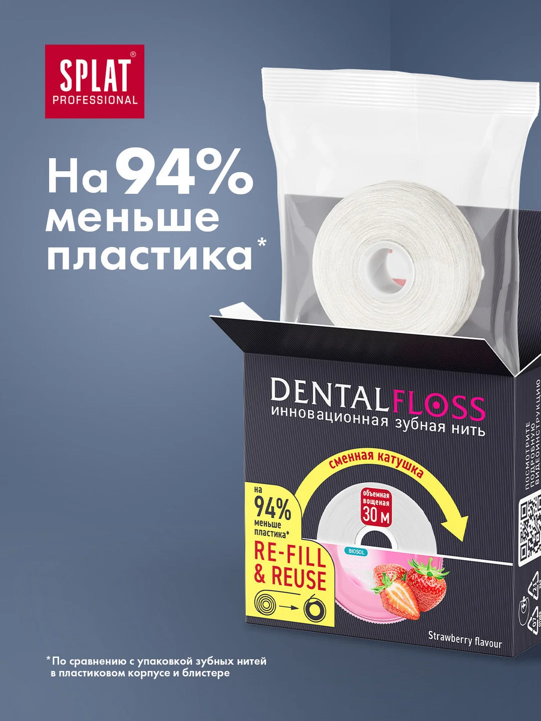 Объемная зубная нить SPLAT, клубника, сменная катушка, 30 м