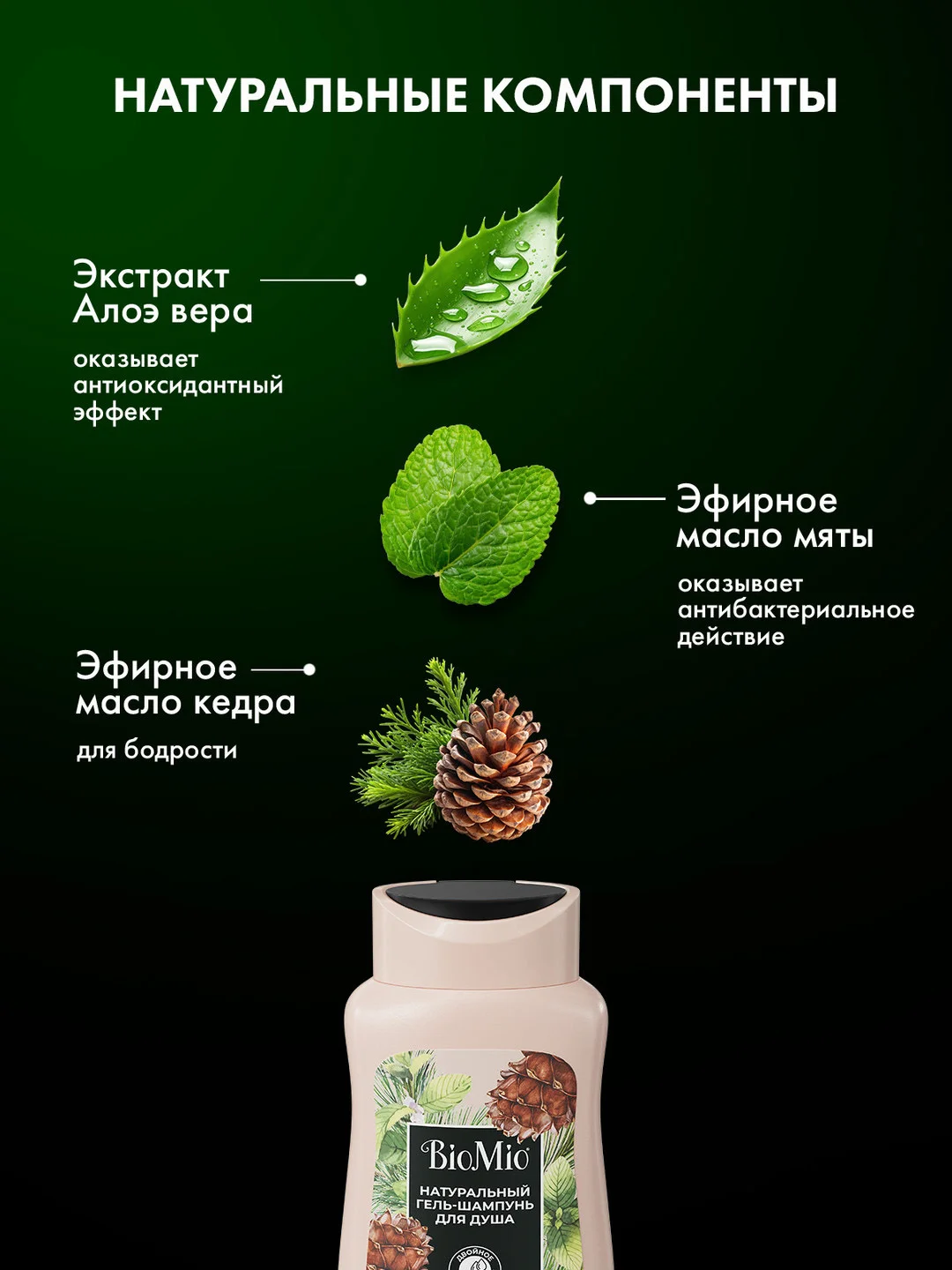 Натуральный гель-шампунь для душа BioMio 2-in-1, с маслами мяты и кедра, 250 мл
