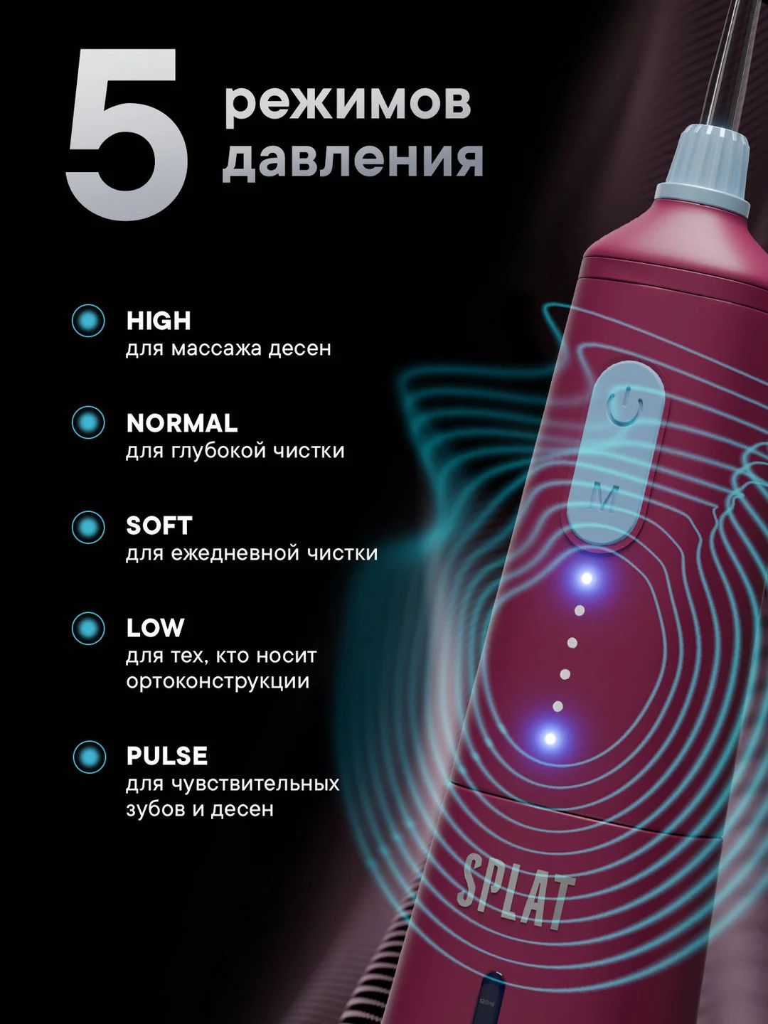 Ирригатор портативный SPLAT Sense&Power, 6 насадок, водонепроницаемый, красный